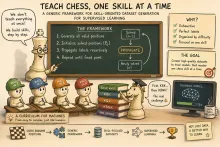 Cartoon illustration of a chess coach teaching an AI one competency at a time, using progressively more difficult endgame positions generated for supervised learning.