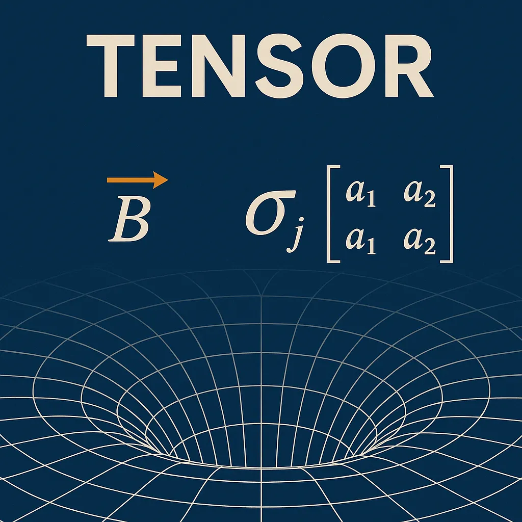 Visual representation of tensors featuring the word "TENSOR", a magnetic field vector B⃗B , a stress tensor σjσj​, a 2×2 matrix, and a warped spacetime grid illustrating space deformation, inspired by general relativity.