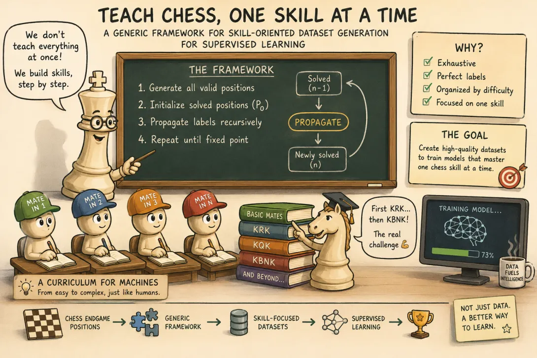 Cartoon illustration of a chess coach teaching an AI one competency at a time, using progressively more difficult endgame positions generated for supervised learning.